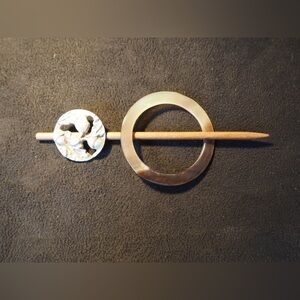 Hand-Carved Wooden Shawl or Scarf Pin with Nature Motif Top